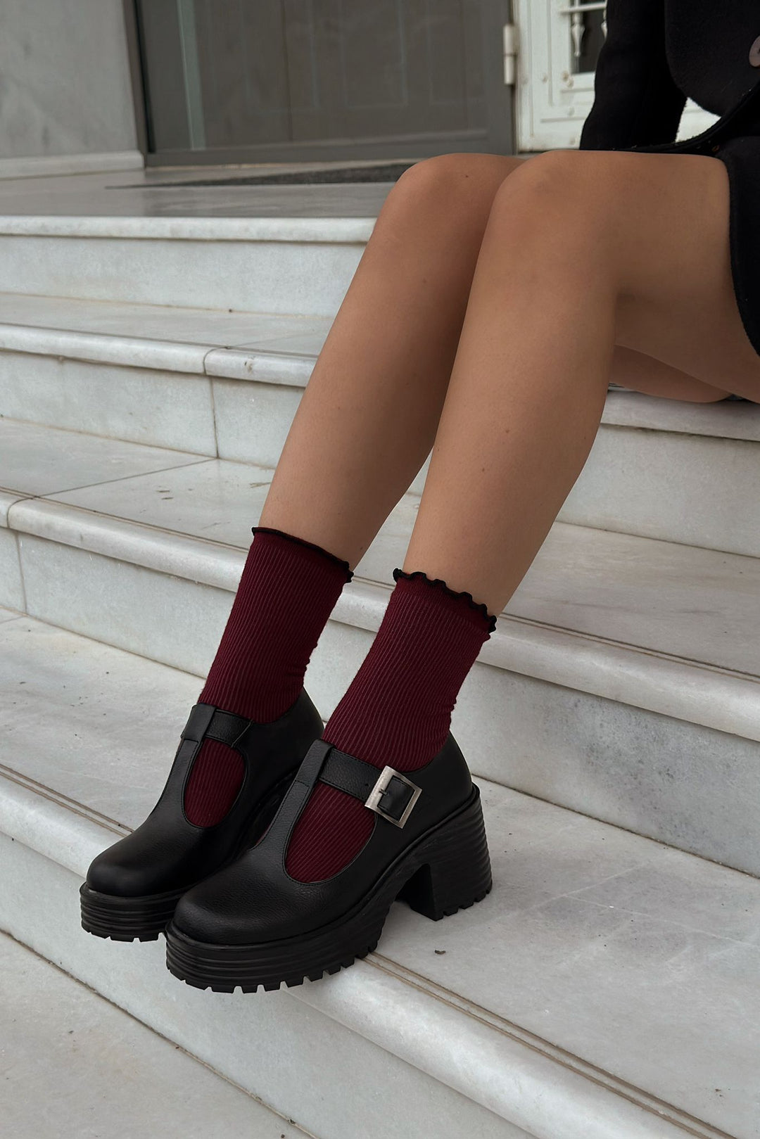 Rasari Mat Deri Kalın Taban Mary Jane Topuklu Ayakkabı Siyah - ILOVESHOES