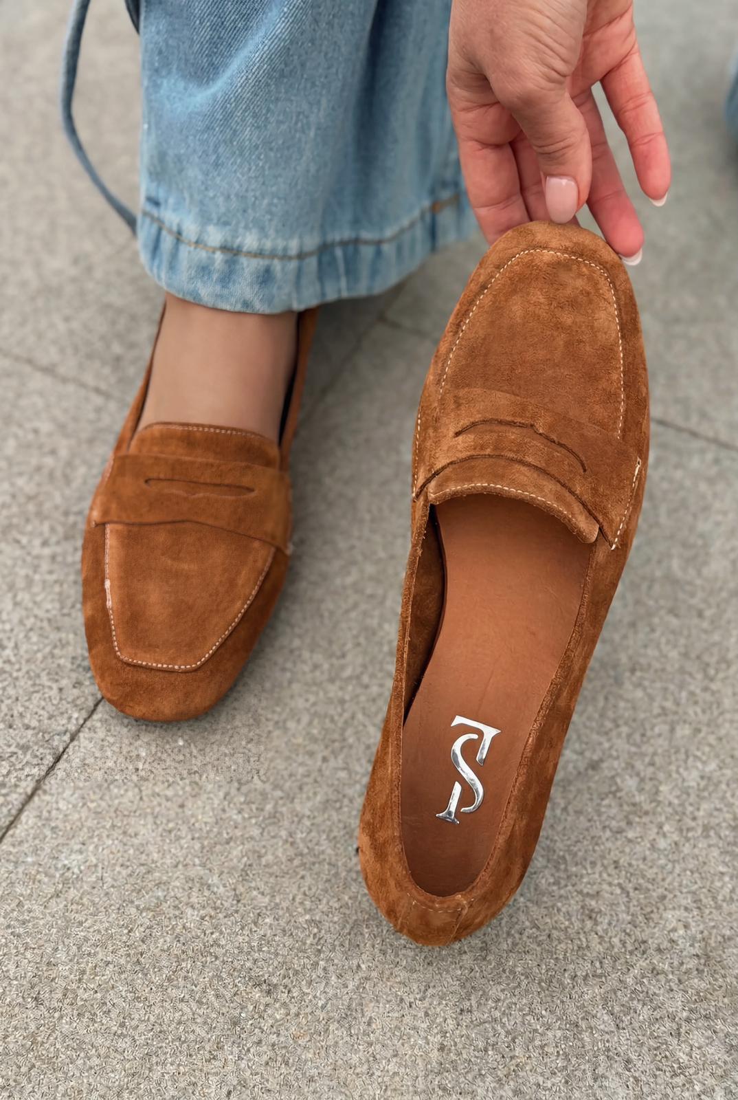 Melniel Hakiki Süet Kadın Loafer Taba - ILOVESHOES