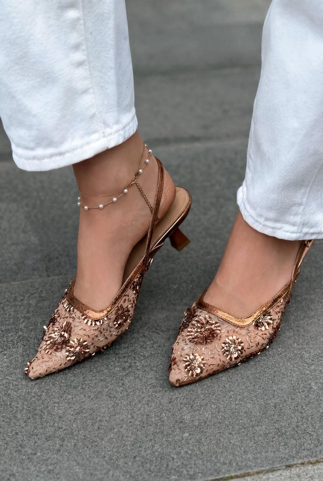 Serona Stiletto Bronz Nakışlı - ILOVESHOES