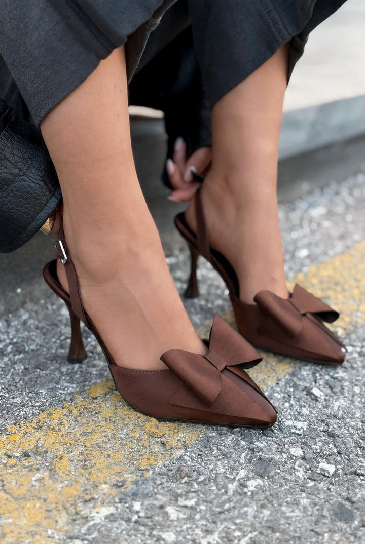 Mora Topuklu Ayakkabı Acıkahve Saten Fiyonk Detaylı - ILOVESHOES