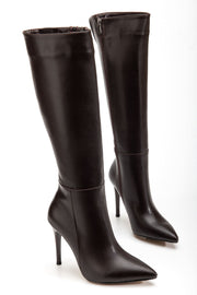 Zynor Acıkahve Fermuarlı Lastikli İnce Yüksek Topuklu Kadın Çizme - ILOVESHOES