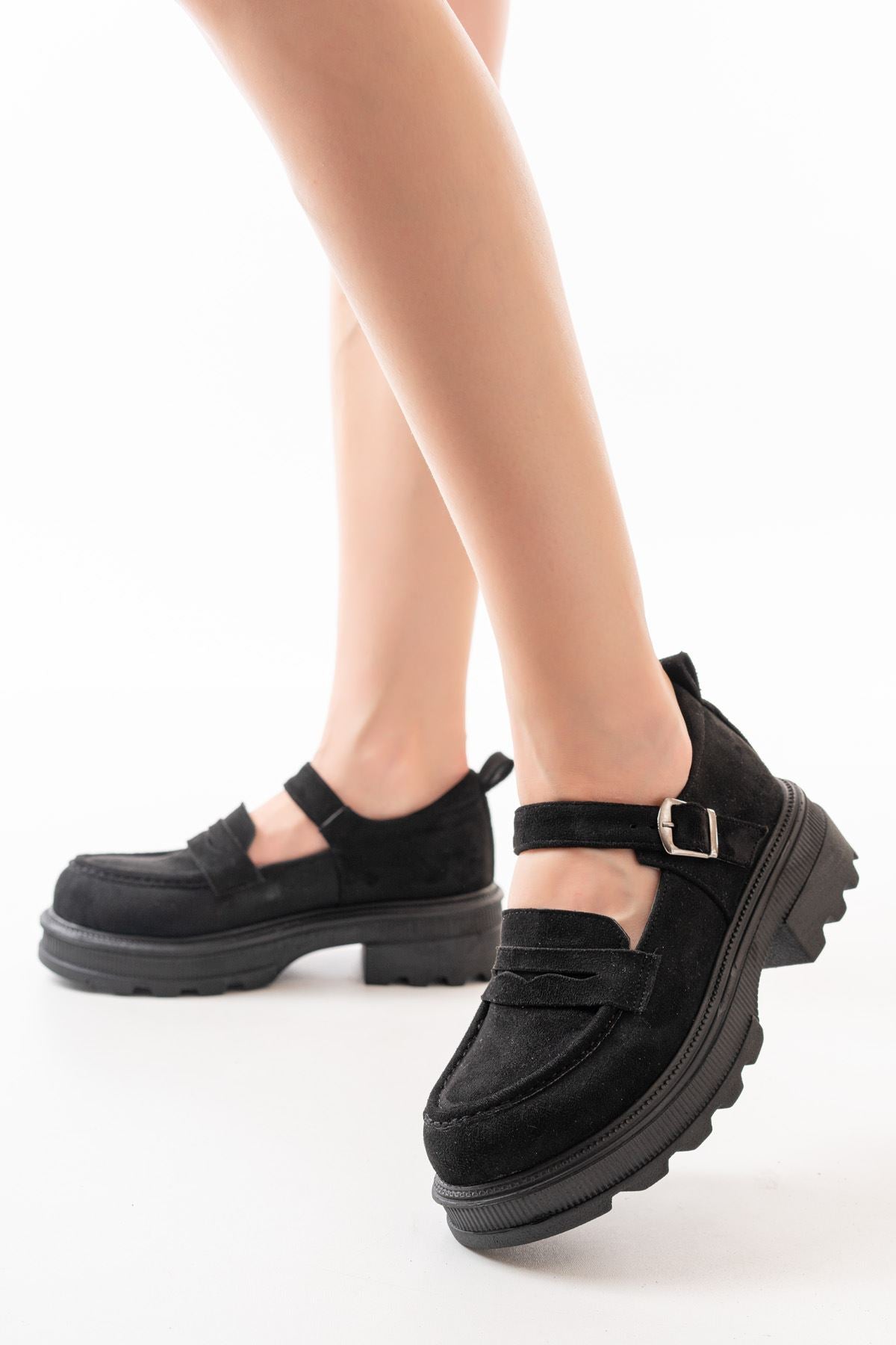 Clavix Süet Siyah Yüksek Tabanlı Loafer Ayakkabı - ILOVESHOES