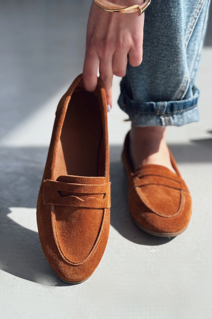 Lemor Hakiki Süet Kadın Loafer Taba