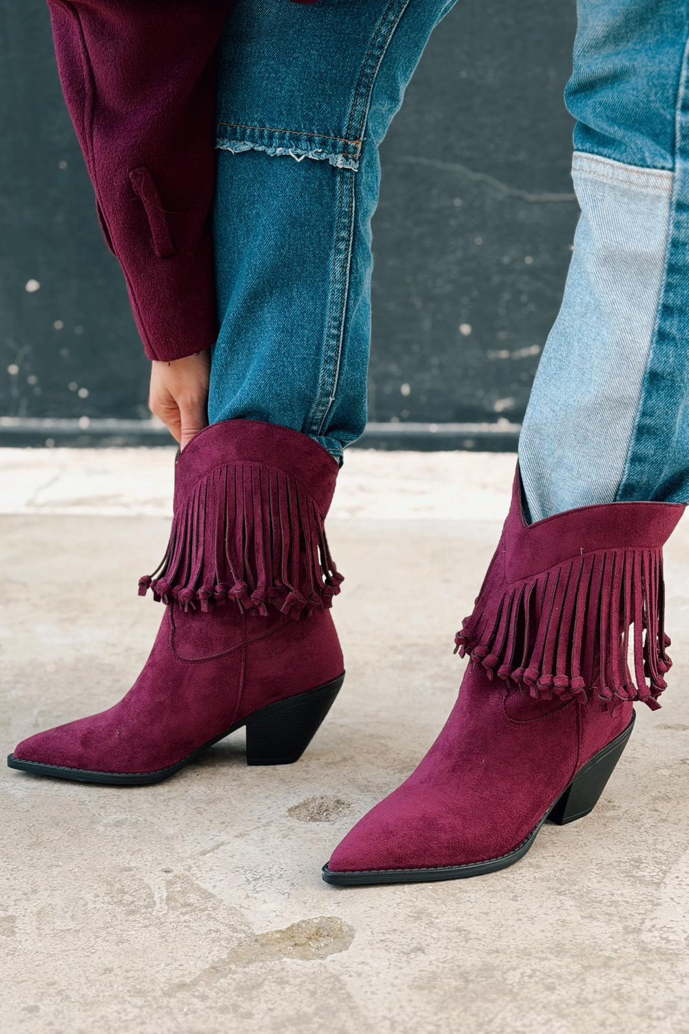 Iserne Kadın Kovboy Bot Bordo Süet Püsküllü - ILOVESHOES