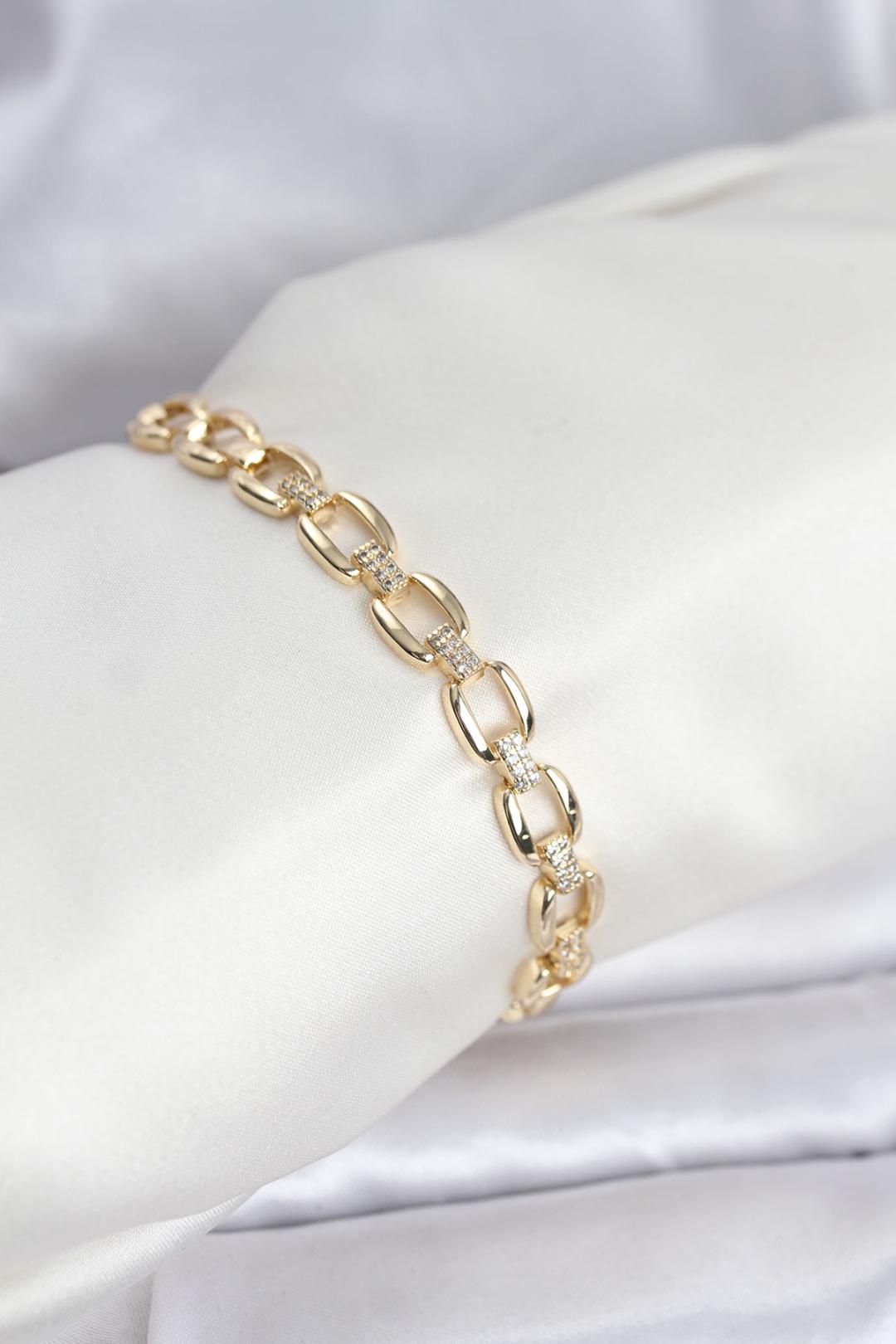 ILS - 1105 Kadın Bileklik Gold Pirinç Zincir Zirkon Taşlı - ILOVESHOES