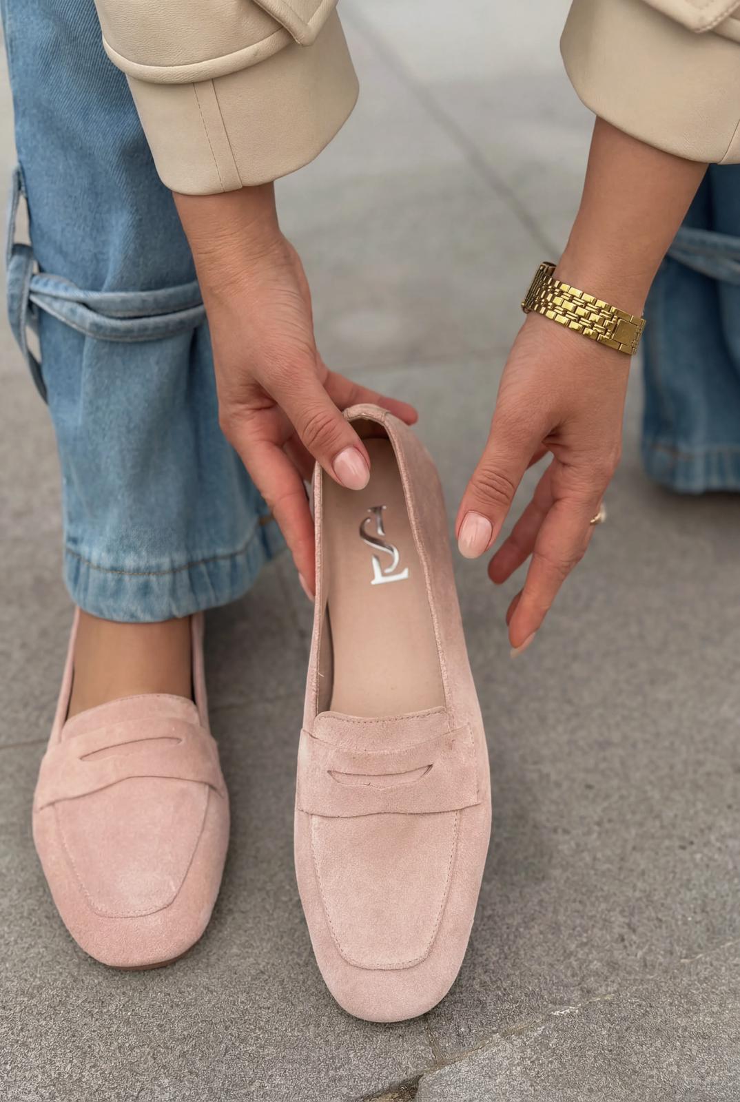 Melniel Hakiki Süet Kadın Loafer Pudra - ILOVESHOES