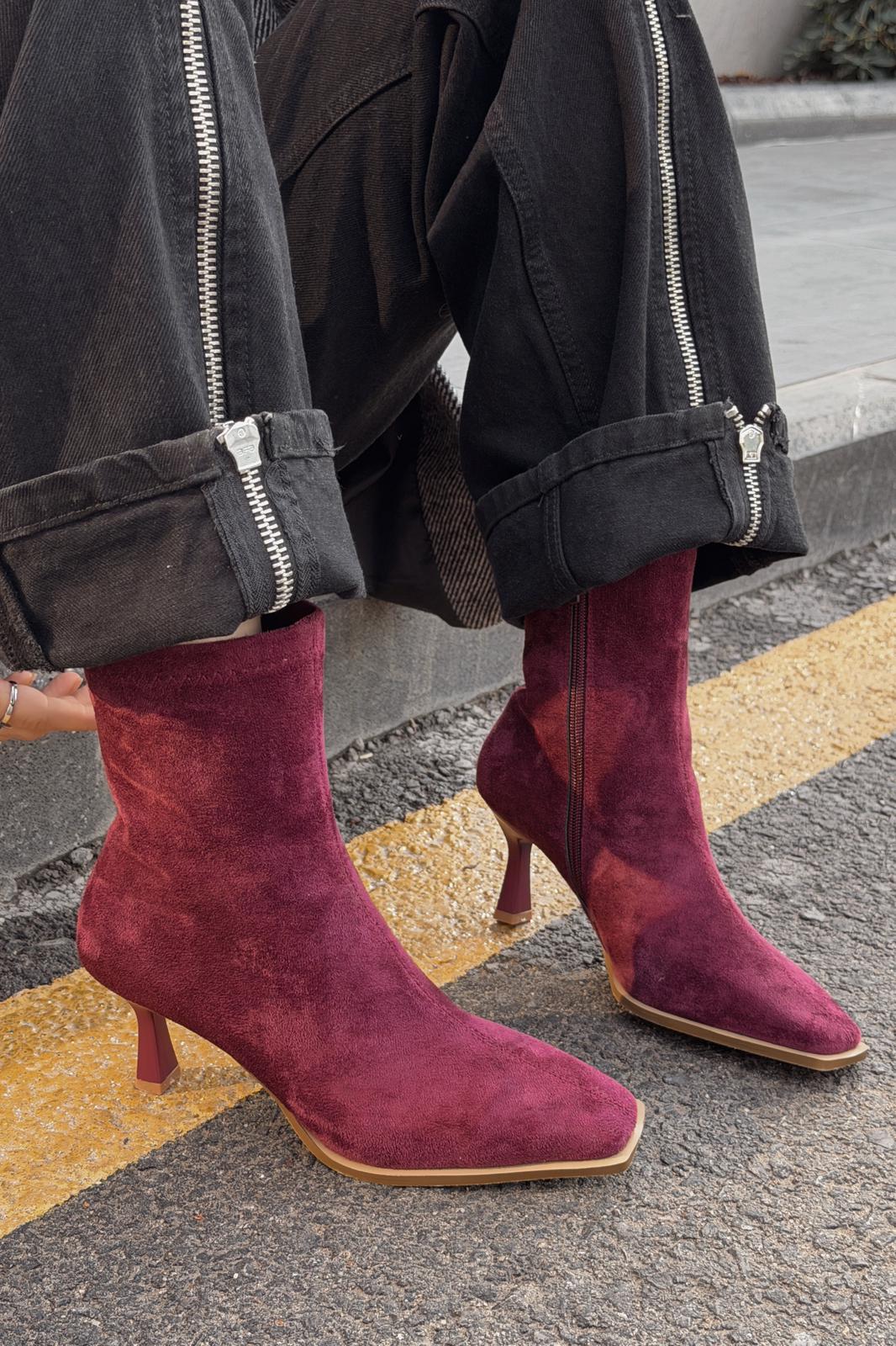 Alderie Kadın Topuklu Bot Bordo Süet - ILOVESHOES