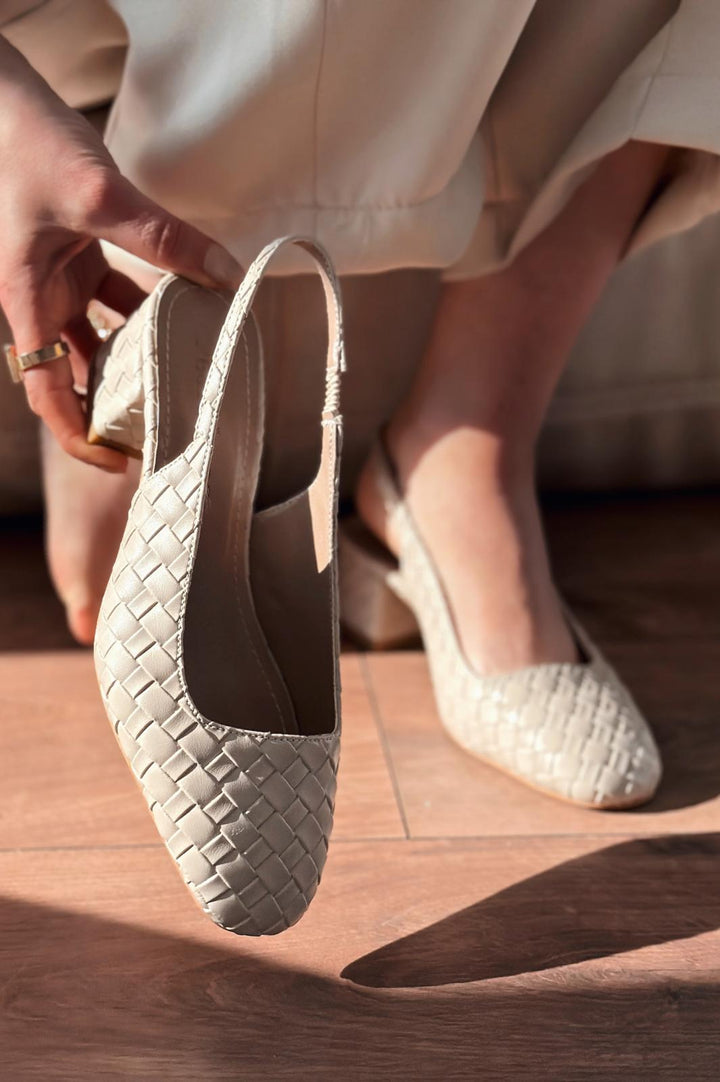 Solen Mary jane Topuklu Ayakkabı Bej Mat Deri Örgü Detaylı - ILOVESHOES