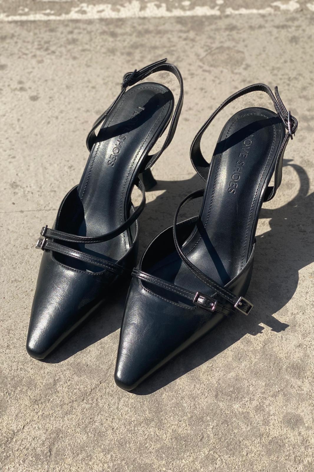 Telmor Mat Deri Bant Detaylı Yüksek Topuklu Stiletto Siyah - ILOVESHOES