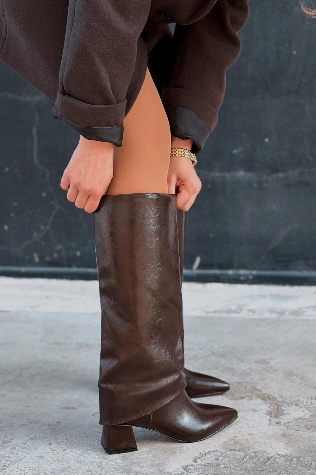 Jasmir Kadın Topuklu Çizme Acıkahve Parlak Deri - ILOVESHOES