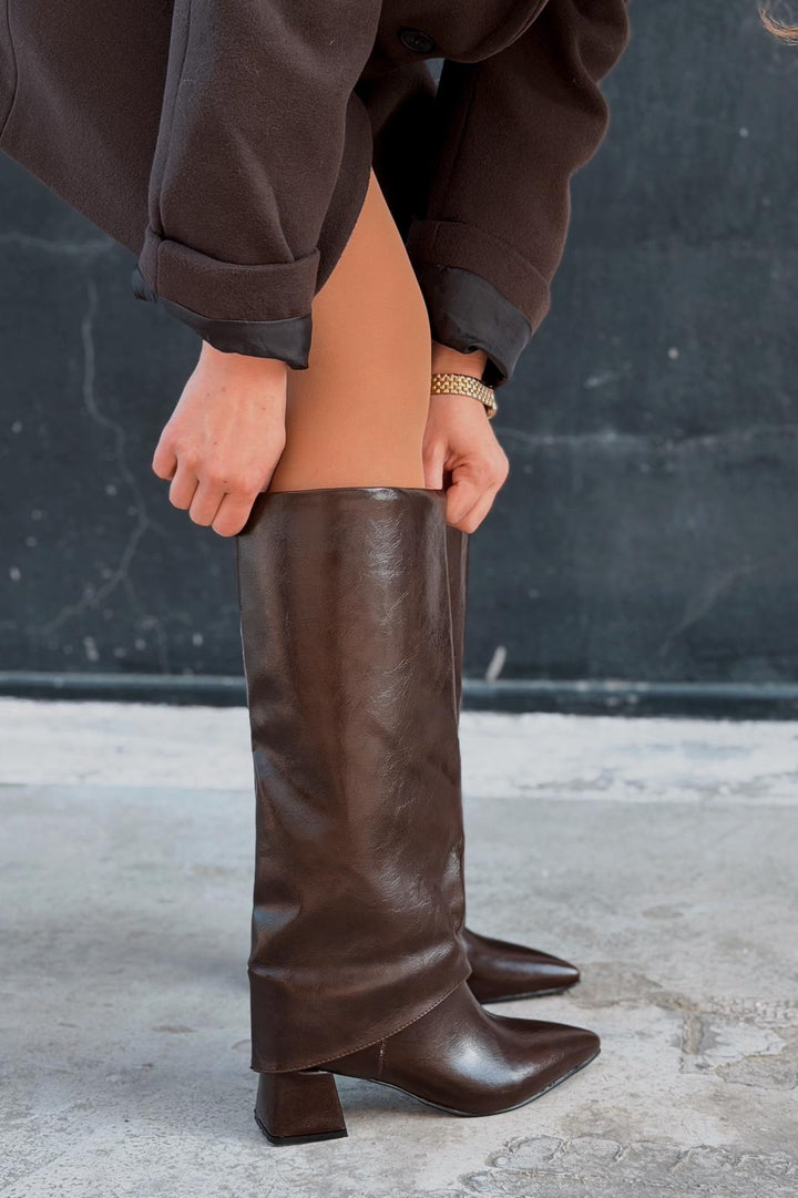Jasmir Kadın Topuklu Çizme Acıkahve Parlak Deri - ILOVESHOES