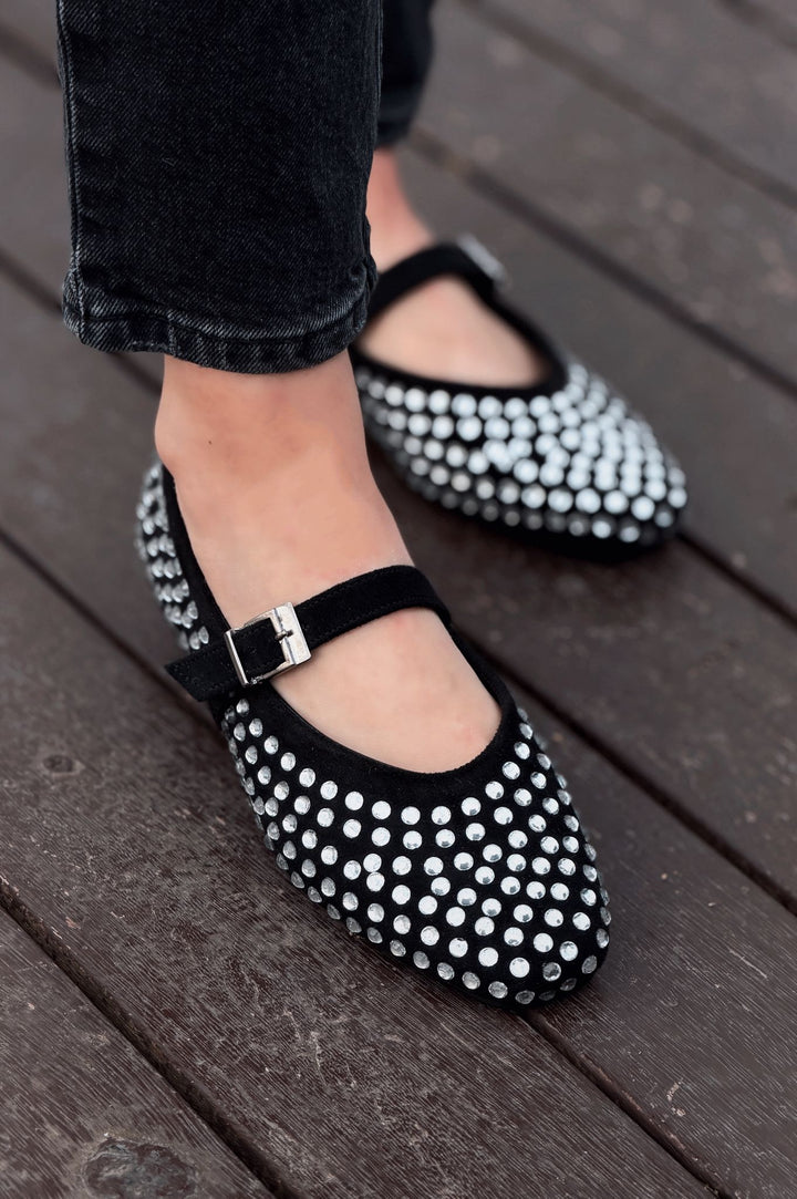 Orion Kadın Babet Siyah Süet Gri Taş Detaylı - ILOVESHOES