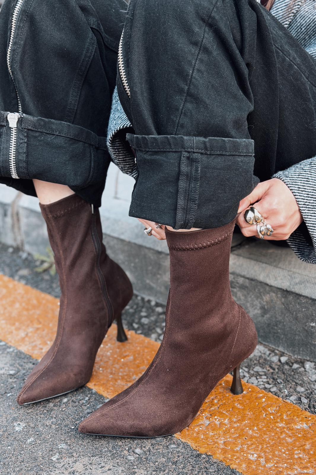 Osenia Kadın Topuklu Streç Bot Acıkahve Süet - ILOVESHOES