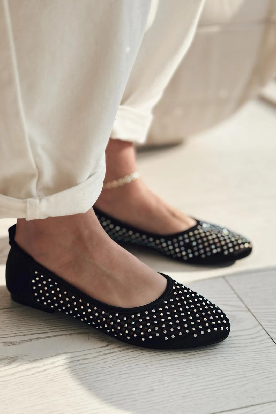 Ronetta Satin Stone Detailed Ballerinas Black