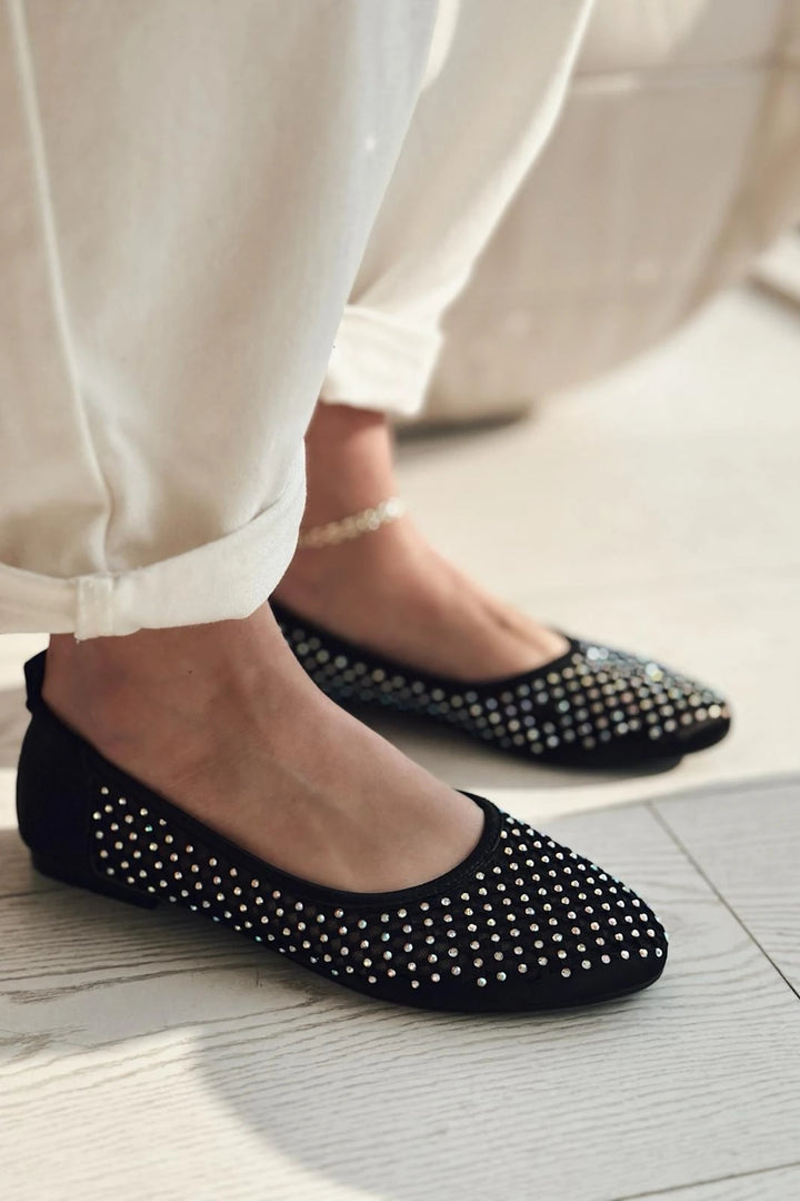 Ronetta Satin Stone Detailed Ballerinas Black