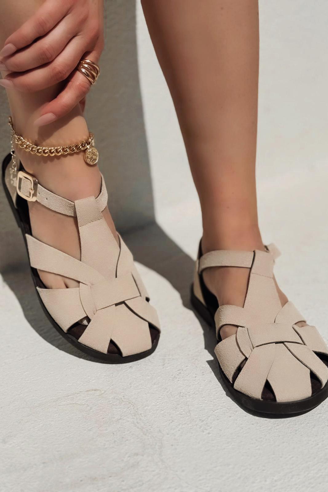 Valen Süet Bej Düz Kadın Sandalet - ILOVESHOES