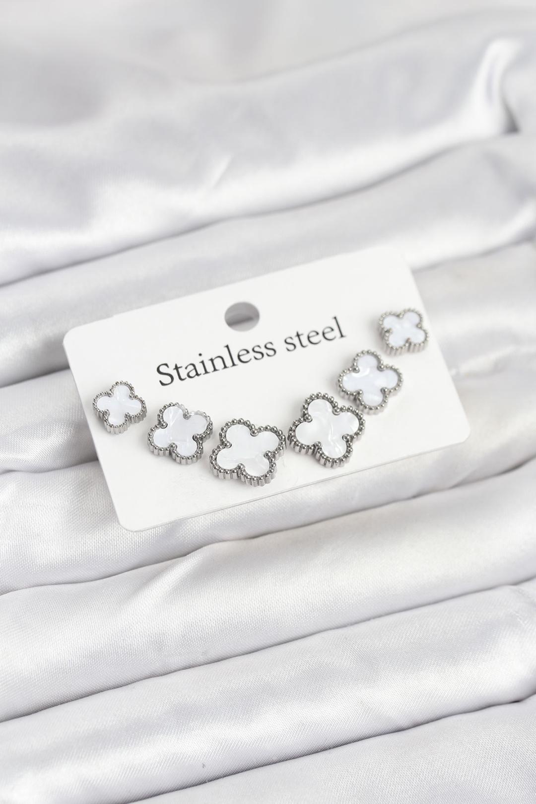 ILS - 1014 Kadın Küpe Gümüş - Beyaz Çelik Yonca - ILOVESHOES