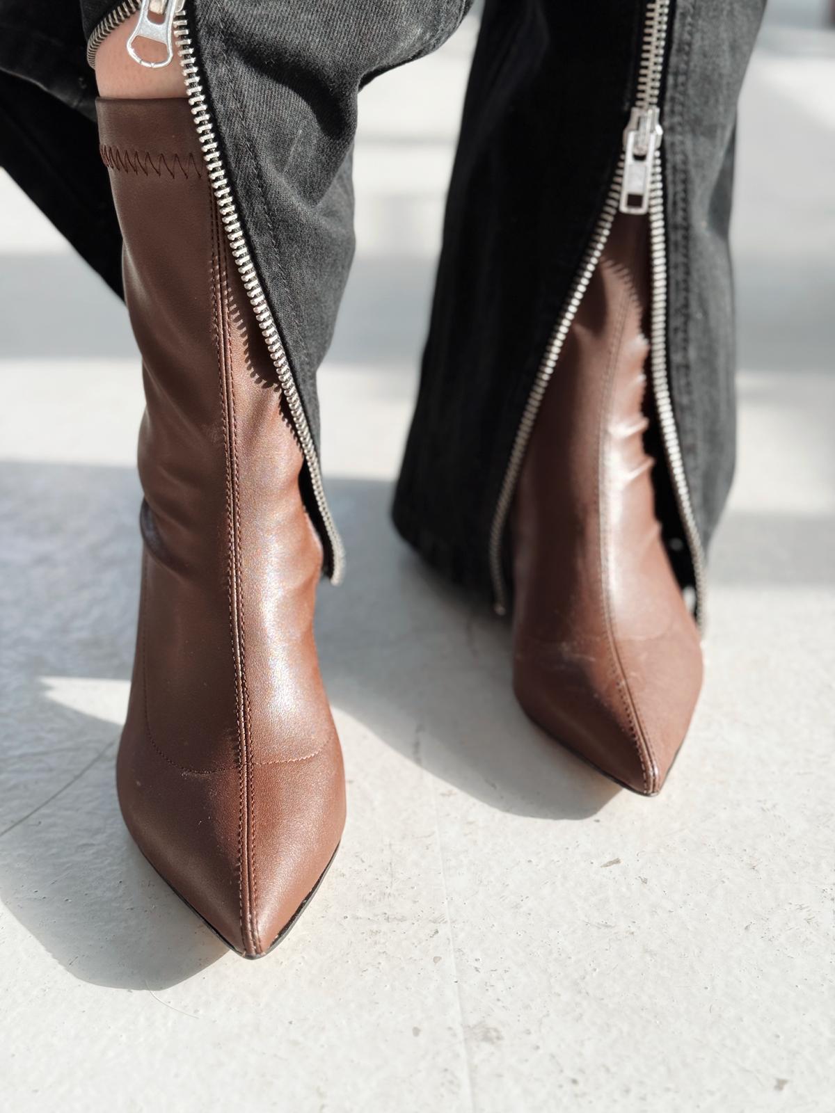 Nysea Kadın Topuklu Streç Bot Kahverengi Mat Deri - ILOVESHOES