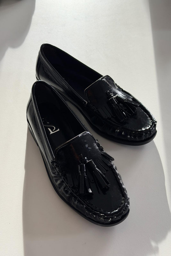 Renard Kadın Loafer Siyah Kırışık Rugan - ILOVESHOES