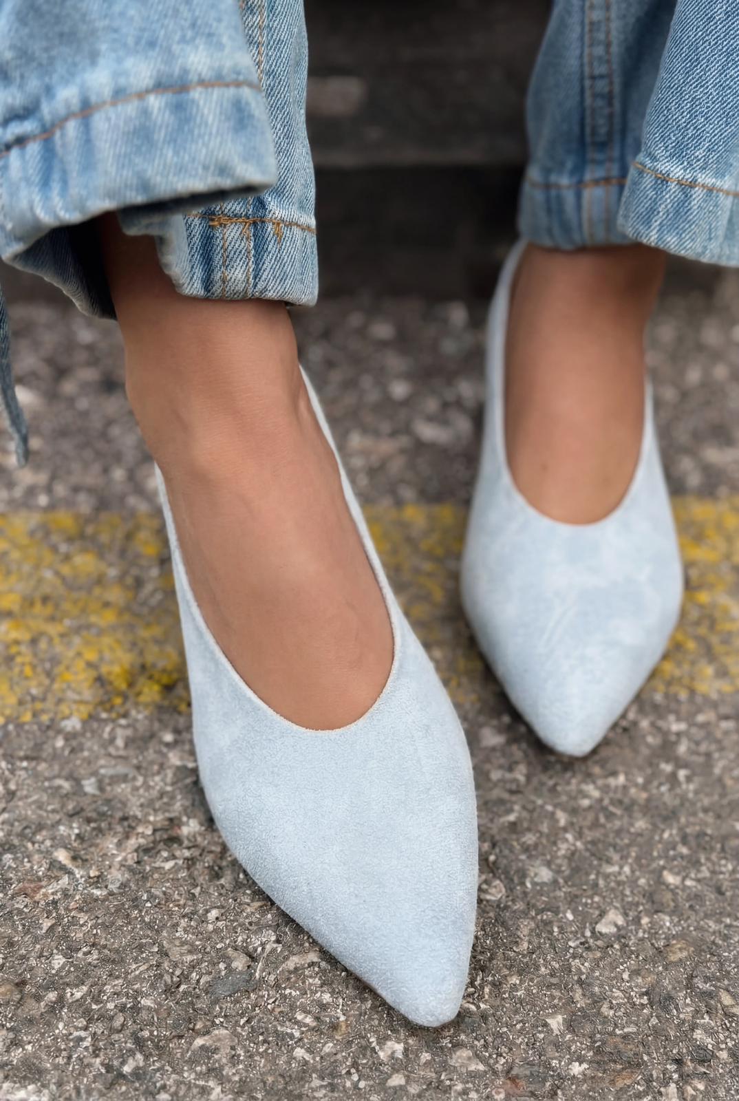 Seranis Hakiki Deri Stiletto Bebek Mavisi Süet - ILOVESHOES