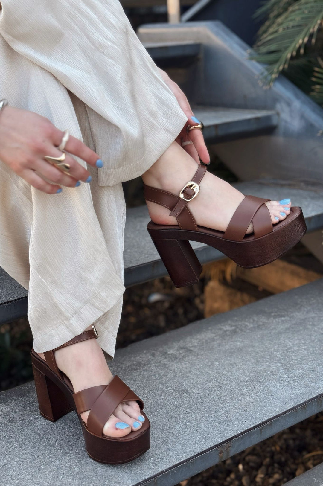 Opexda Mat Deri Kahverengi Platform Topuklu Ayakkabı - ILOVESHOES