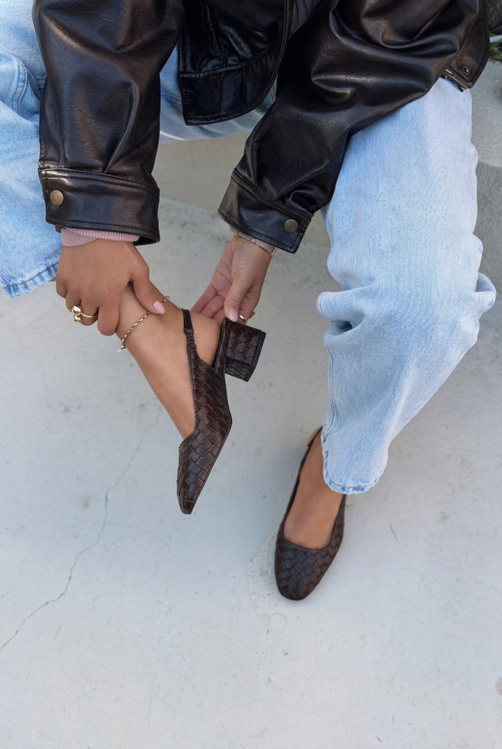 Solen Mary jane Topuklu Ayakkabı Acıkahve Mat Deri Örgü Detaylı - ILOVESHOES