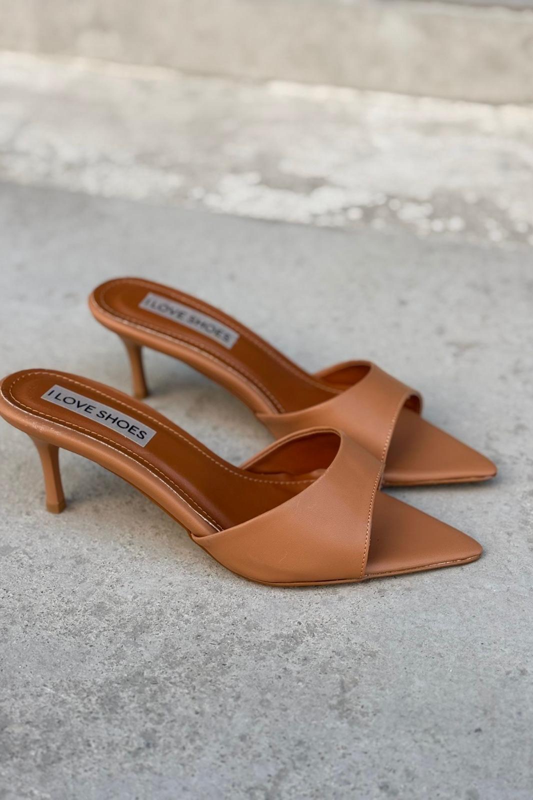 Yonspe Mat Deri İnce Topuklu Terlik Taba - ILOVESHOES