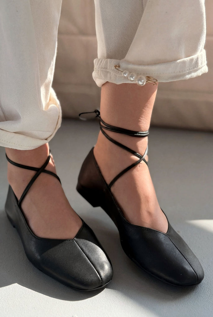 Morven Hakiki Deri Siyah Kadın Babet - ILOVESHOES