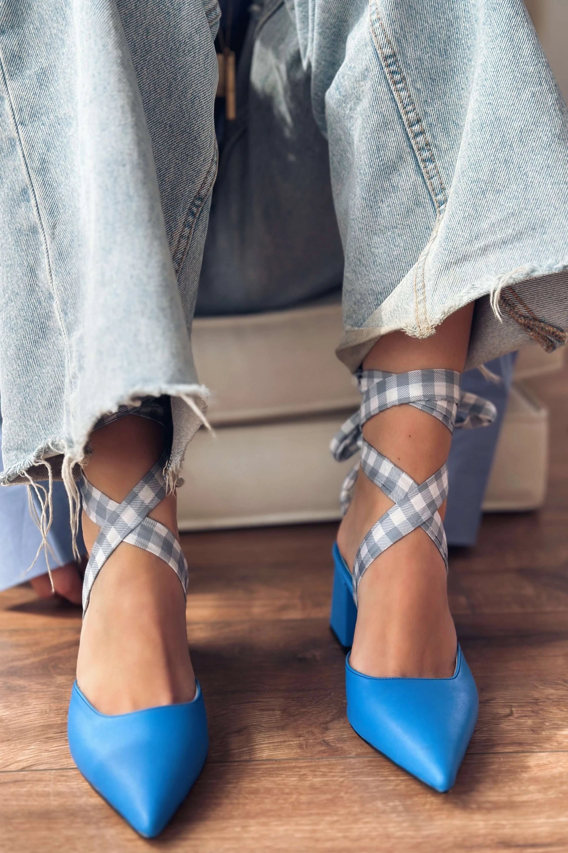 Vikons Mat Deri Ekose Detaylı Kadın Stiletto Mavi