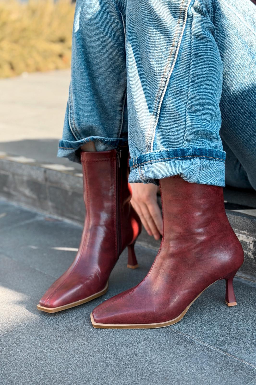 Alderie Kadın Topuklu Bot Bordo Mat Deri - ILOVESHOES