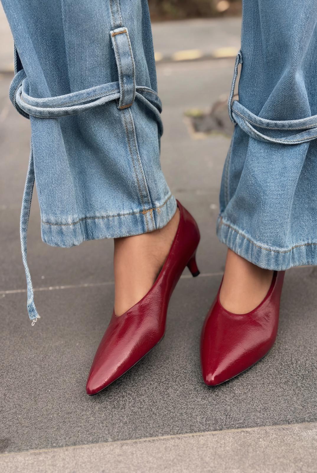 Seranis Hakiki Deri Stiletto Bordo Kırışık Rugan - ILOVESHOES