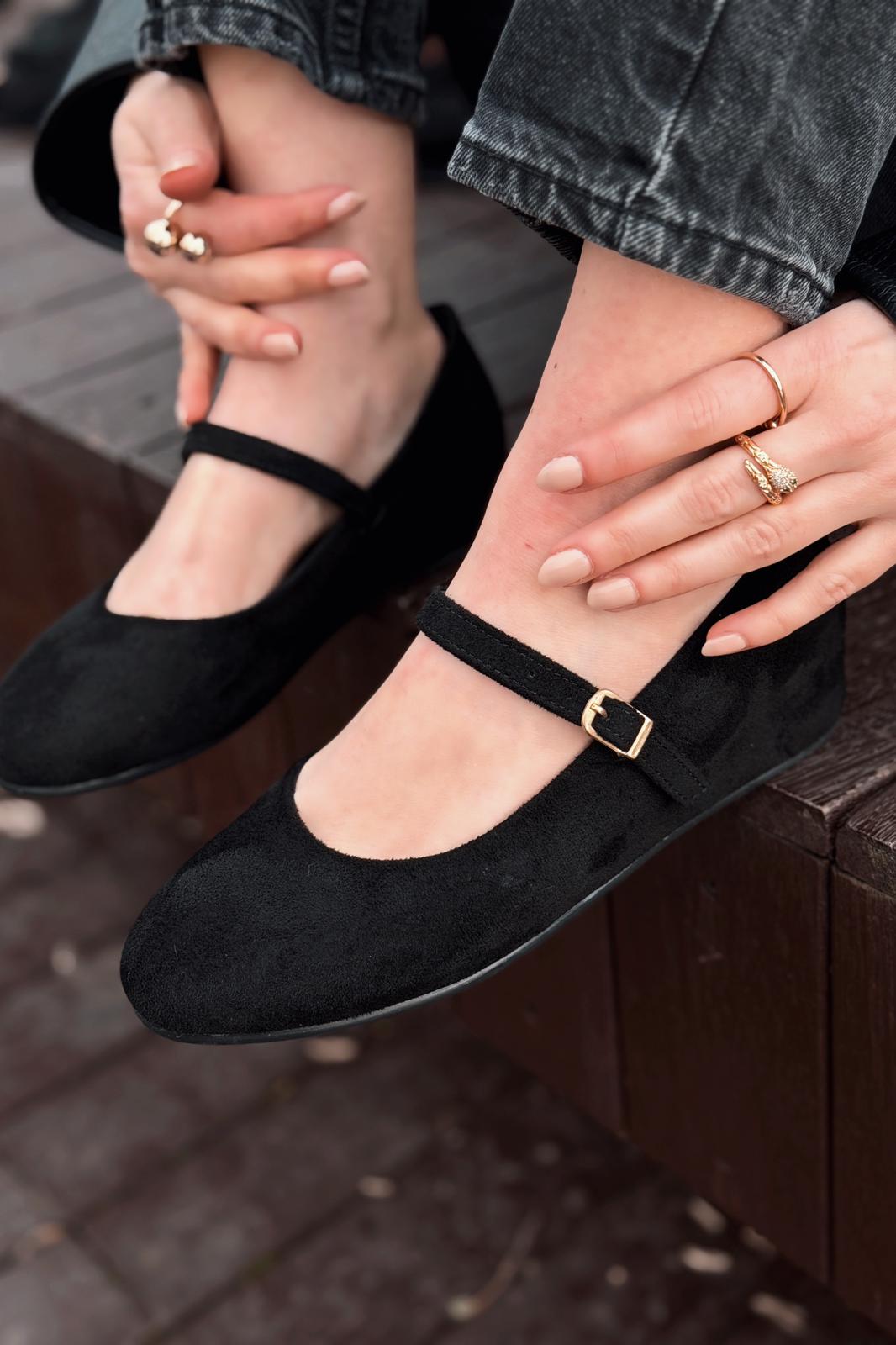 Tenris Kadın Babet Siyah Süet Dolgu Topuklu - ILOVESHOES