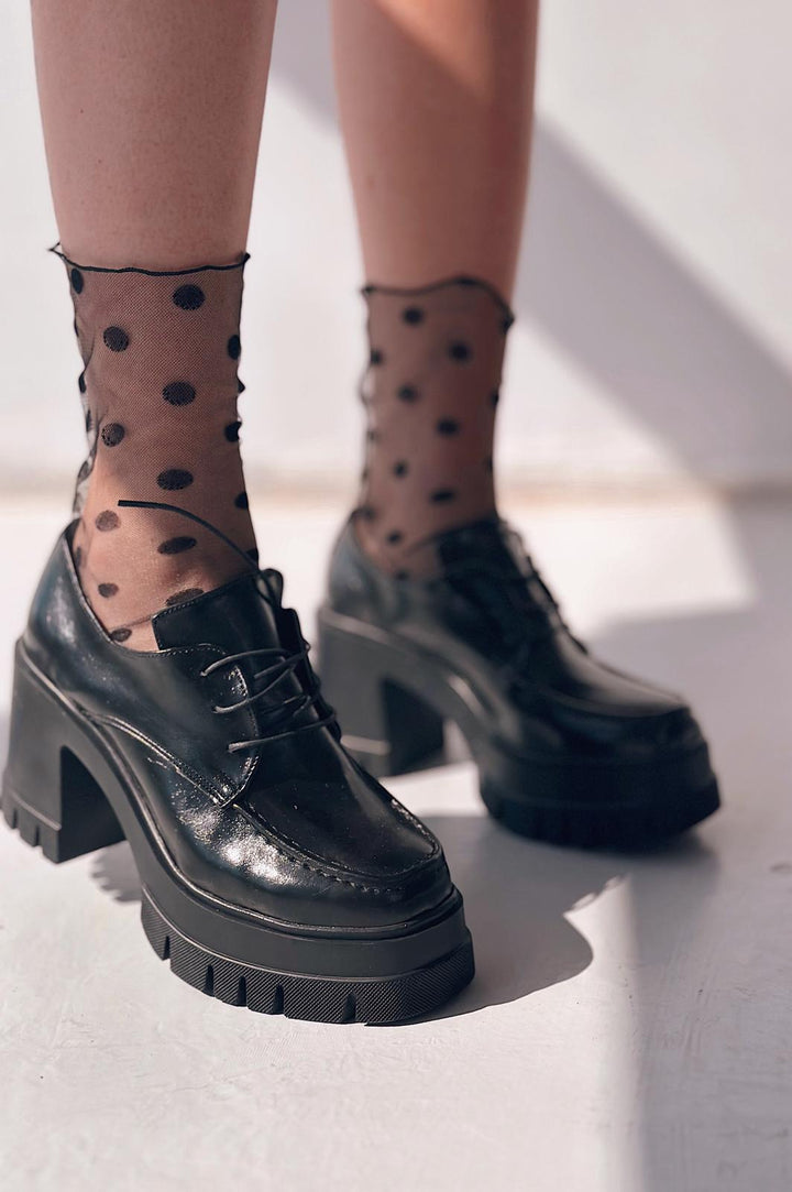 Sapetos Kalın Taban Topuklu Kadın Loafer Siyah Mat Rugan - ILOVESHOES