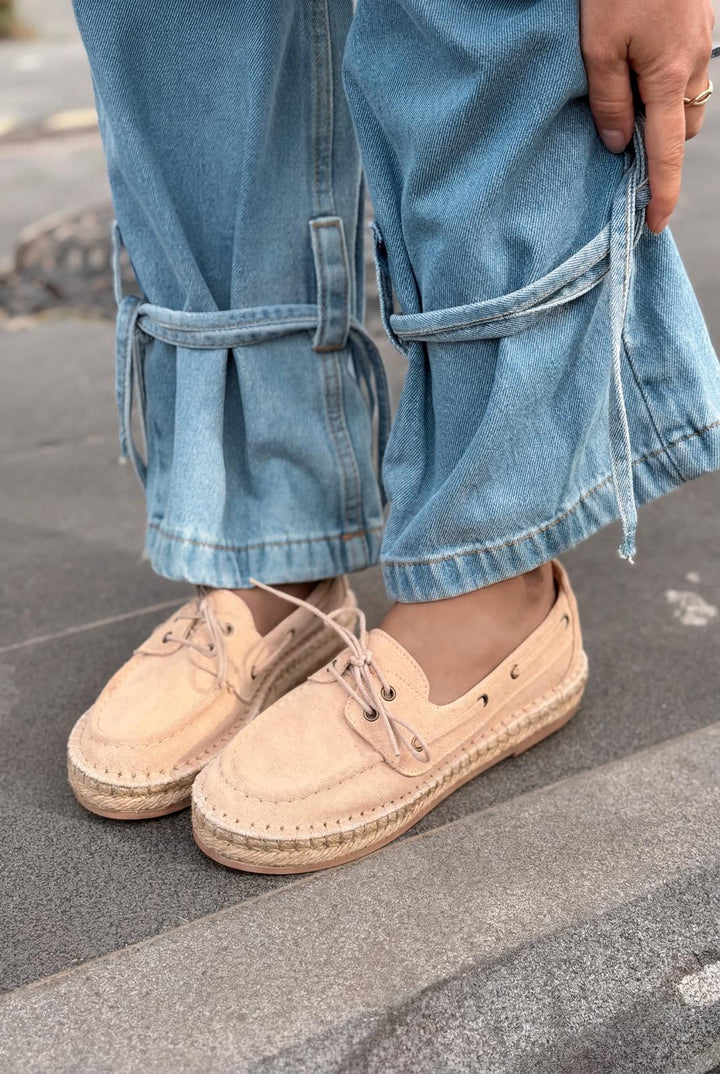 Selora Hakiki Süet Bağcıklı Espadril Bej - ILOVESHOES