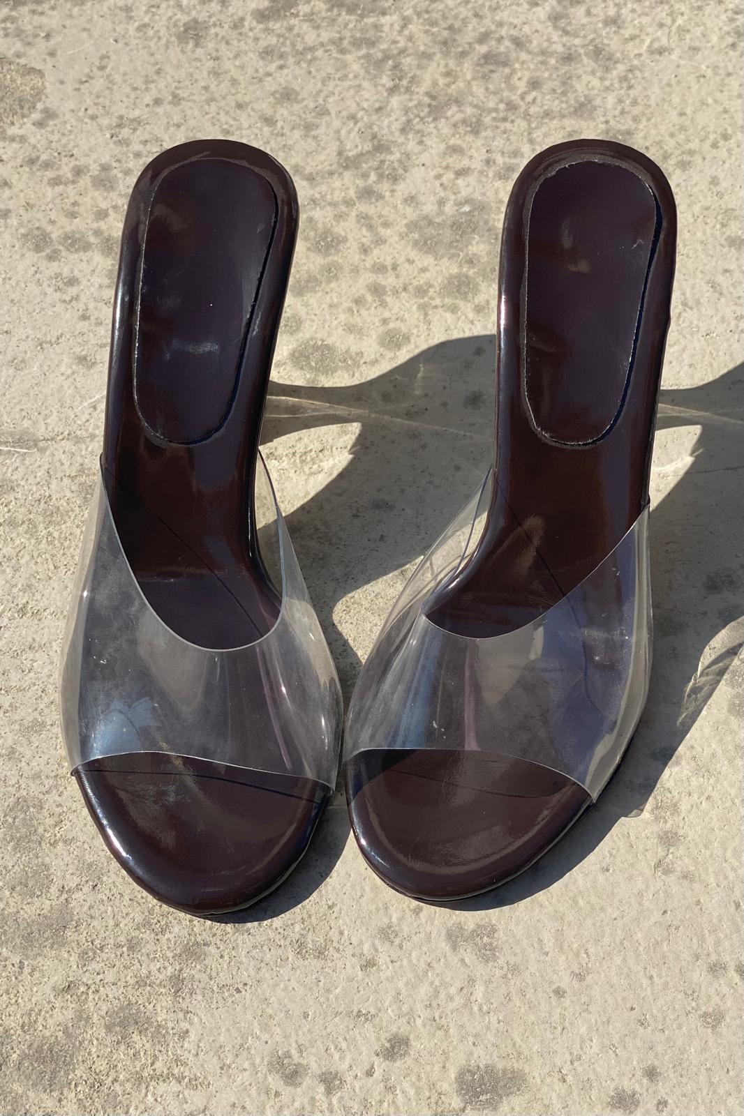 Lekton Şeffaf Kadın Topuklu Terlik Acıkahve - ILOVESHOES