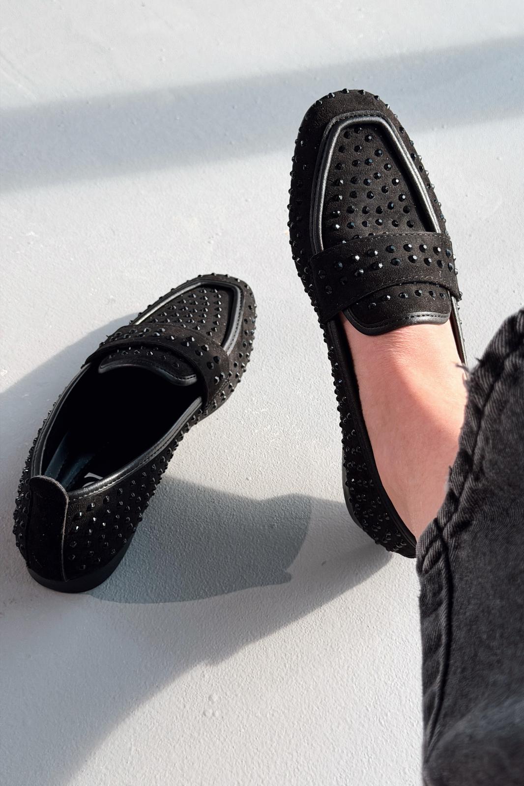 Talori Kadın Loafer Siyah Süet Siyah Taşlı - ILOVESHOES
