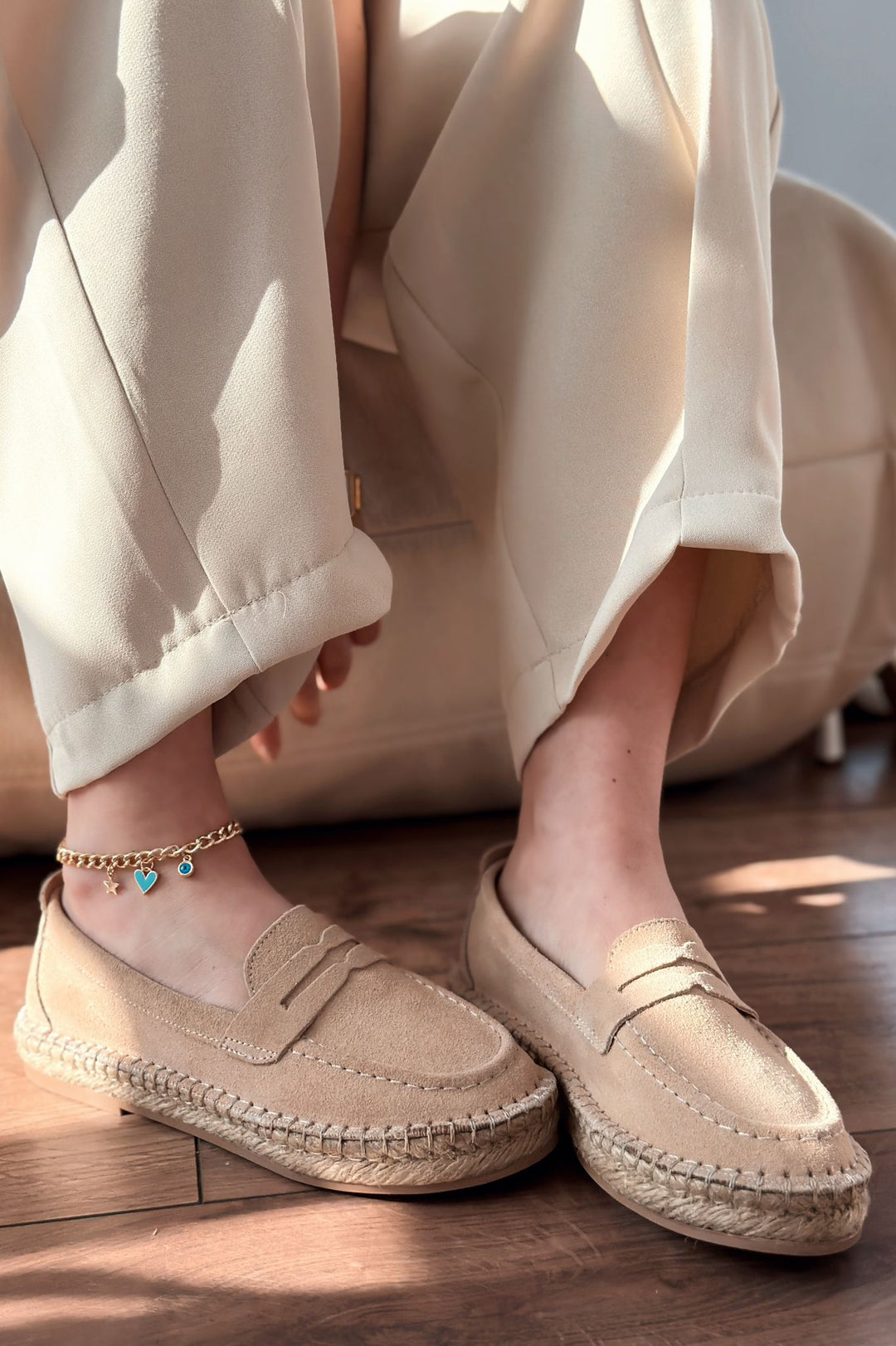 Celure Espadril Loafer Bej Hakiki Süet - ILOVESHOES