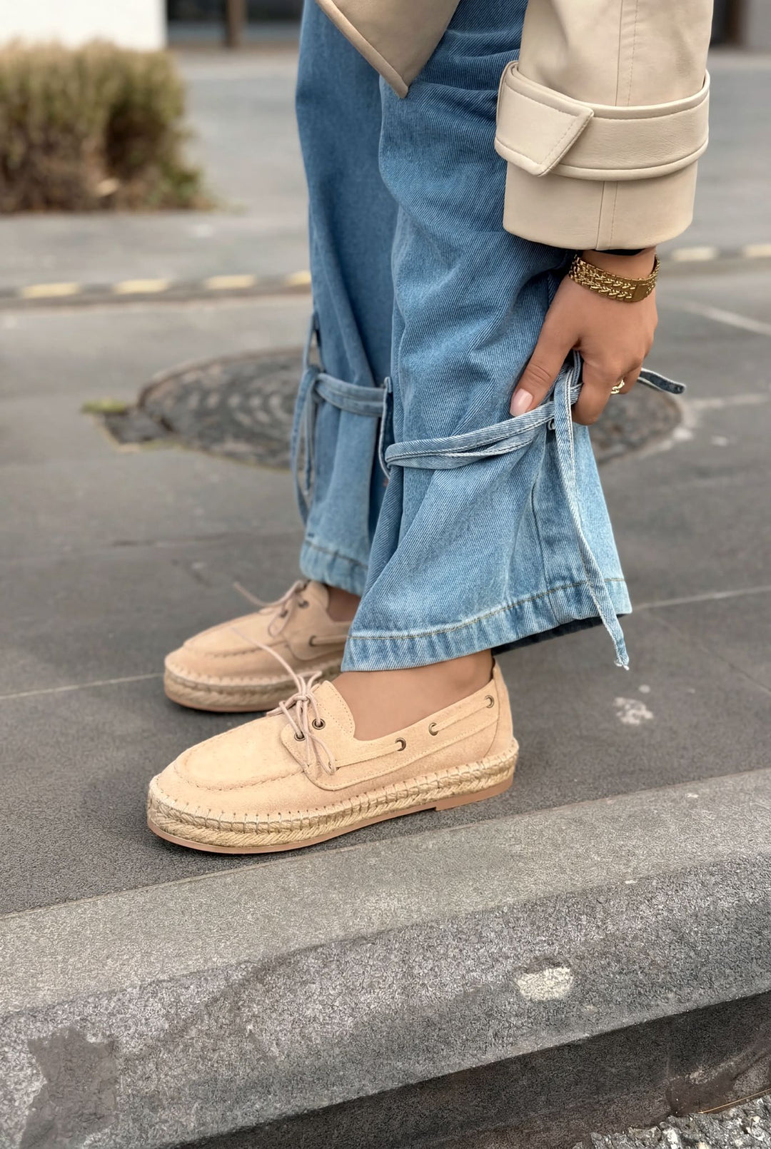Selora Hakiki Süet Bağcıklı Espadril Bej - ILOVESHOES