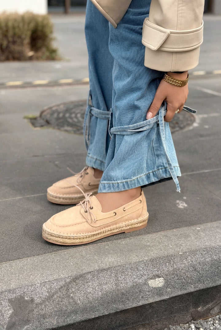 Selora Hakiki Süet Bağcıklı Espadril Bej - ILOVESHOES