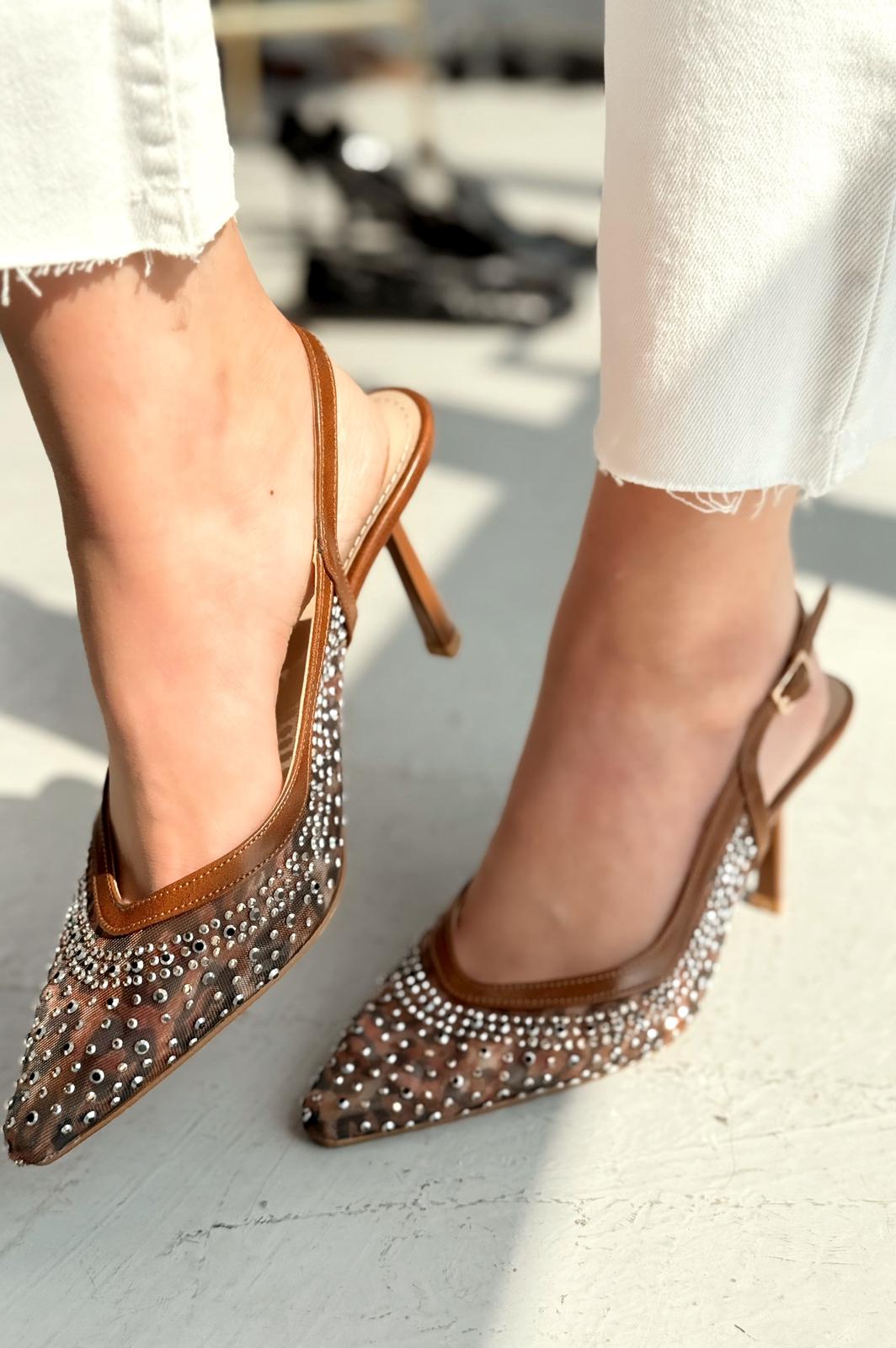 Clarwon Tül Taş Detaylı Stiletto Kahverengi - ILOVESHOES