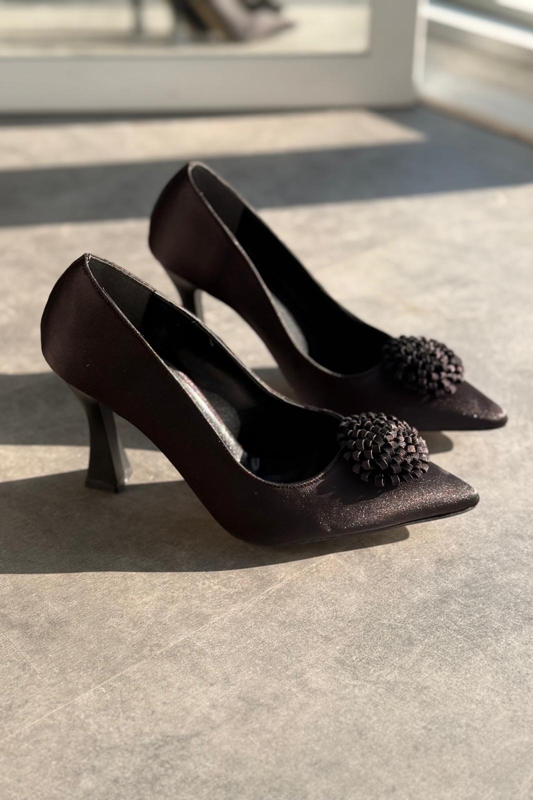Fovira Saten Siyah Stiletto - ILOVESHOES