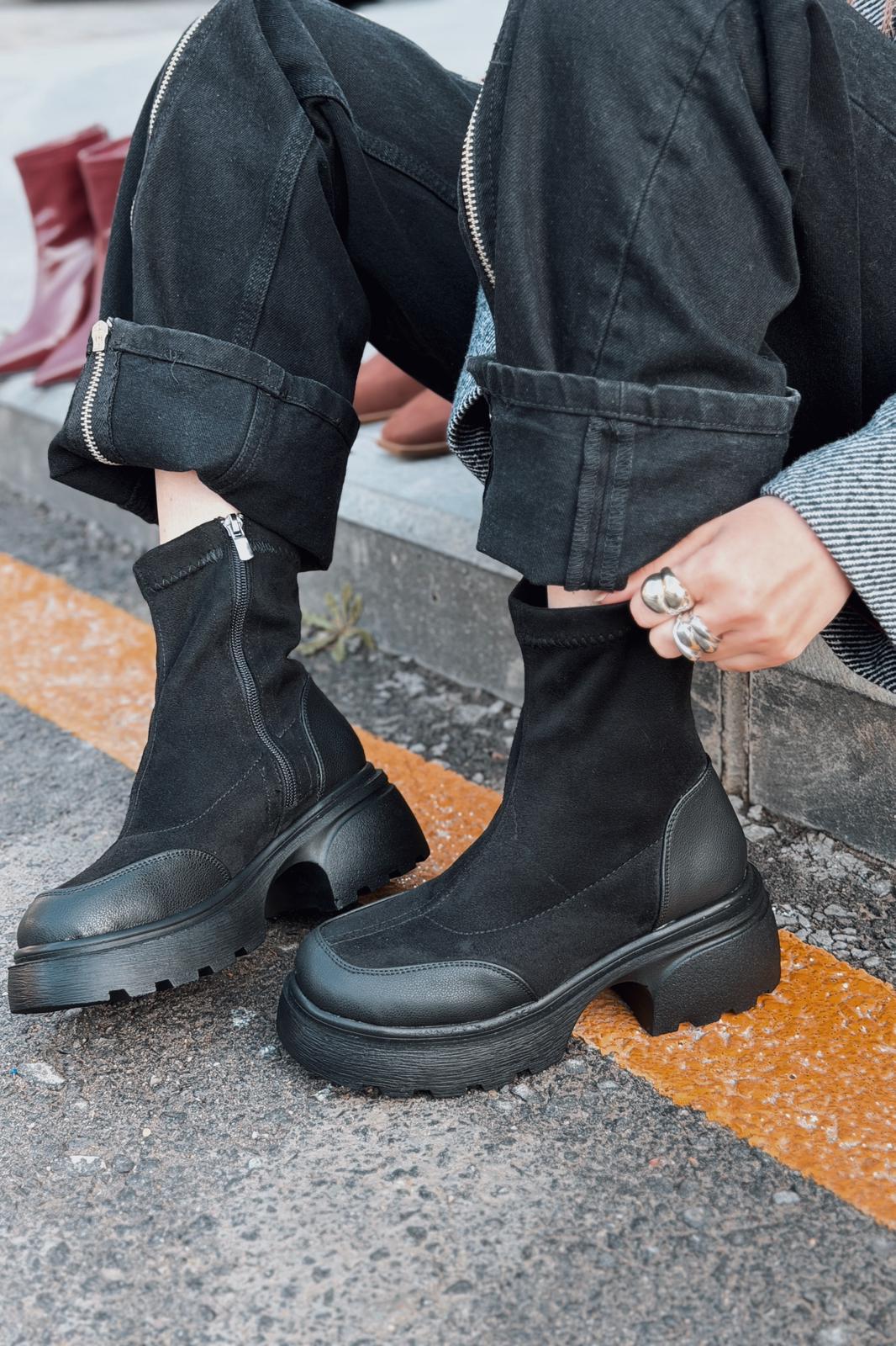Gariel Kadın Kalın Taban Bot Siyah Süet - ILOVESHOES