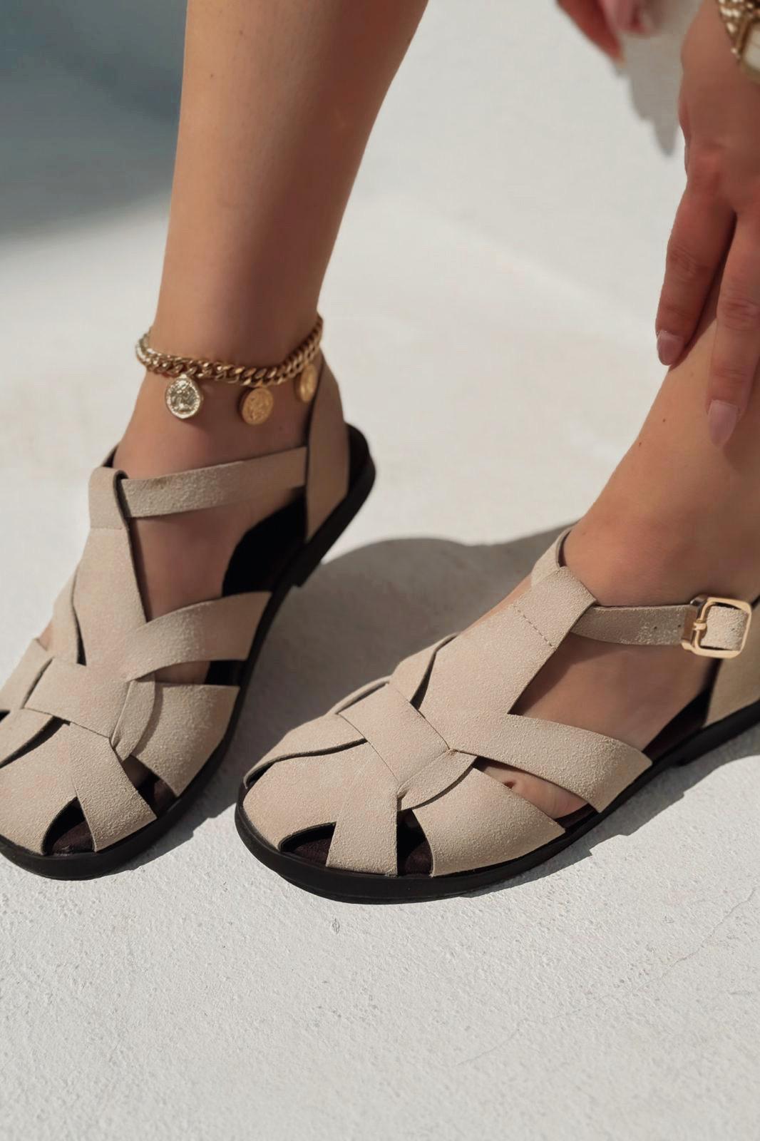 Valen Süet Bej Düz Kadın Sandalet - ILOVESHOES