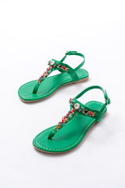 Selvion Mat Deri Yeşil Renkli Taşlı Parmak Arası Kadın Sandalet - ILOVESHOES