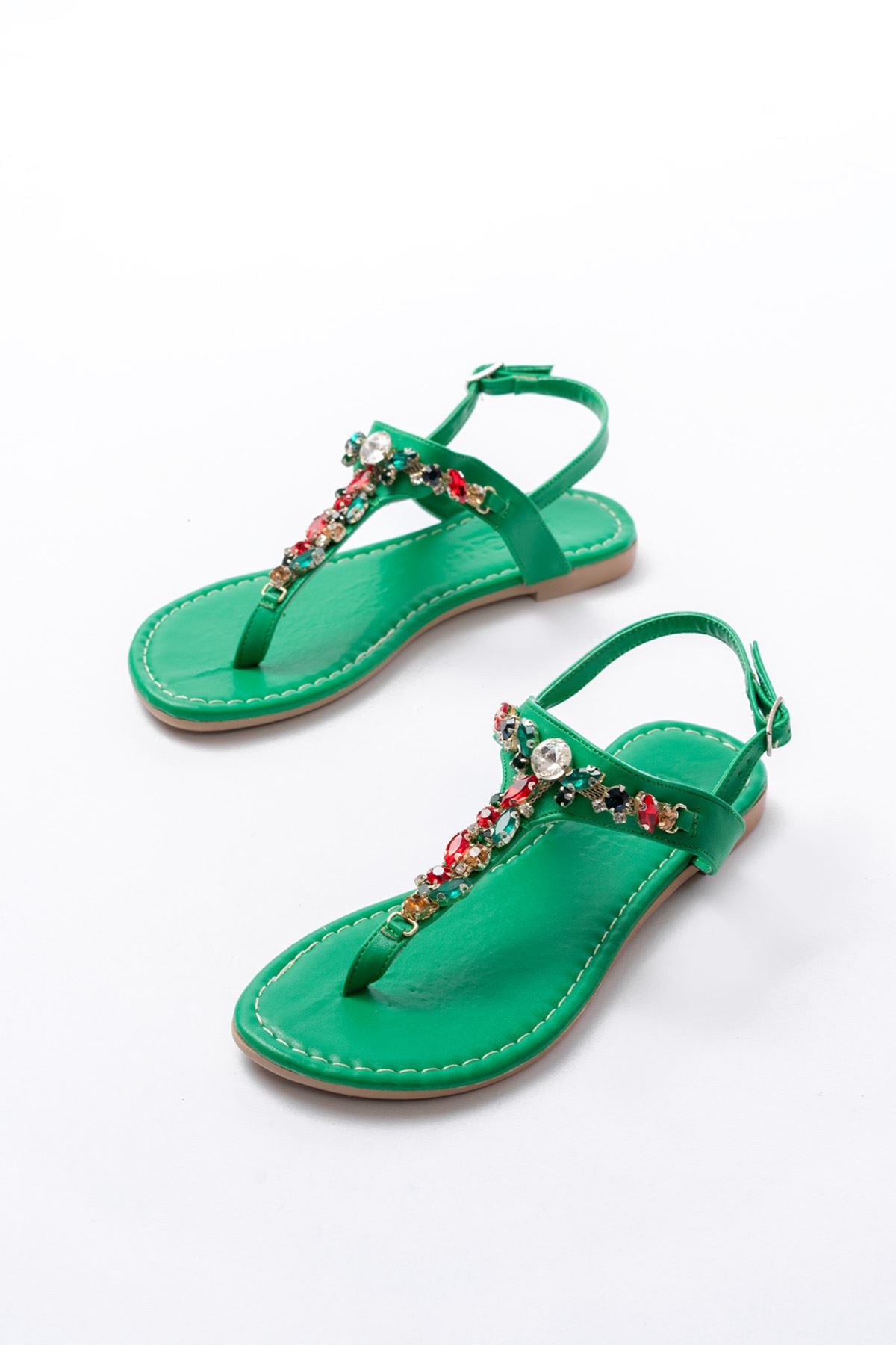 Selvion Mat Deri Yeşil Renkli Taşlı Parmak Arası Kadın Sandalet - ILOVESHOES