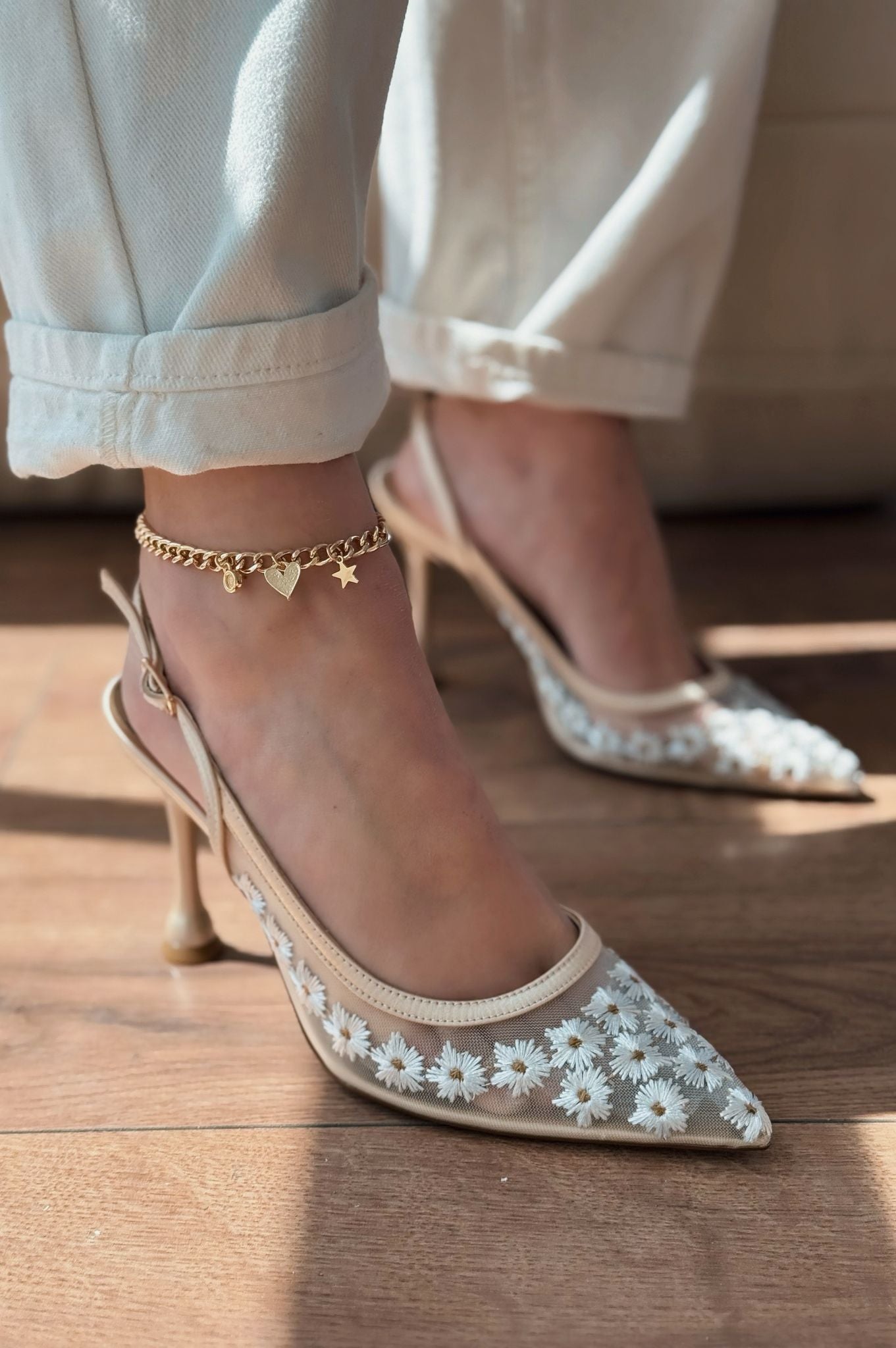 Dasewi Tül Bej Papatya Desenli Stiletto - ILOVESHOES