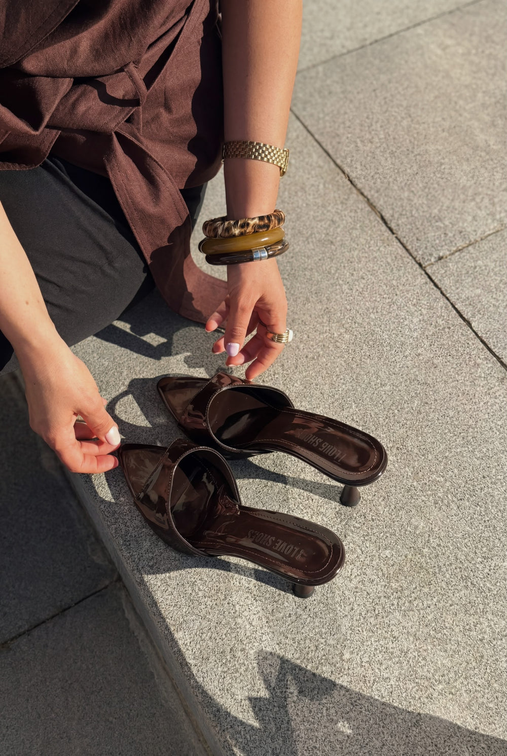 Yonspe Acı Kahve Rugan Kadın Topuklu Terlik - ILOVESHOES