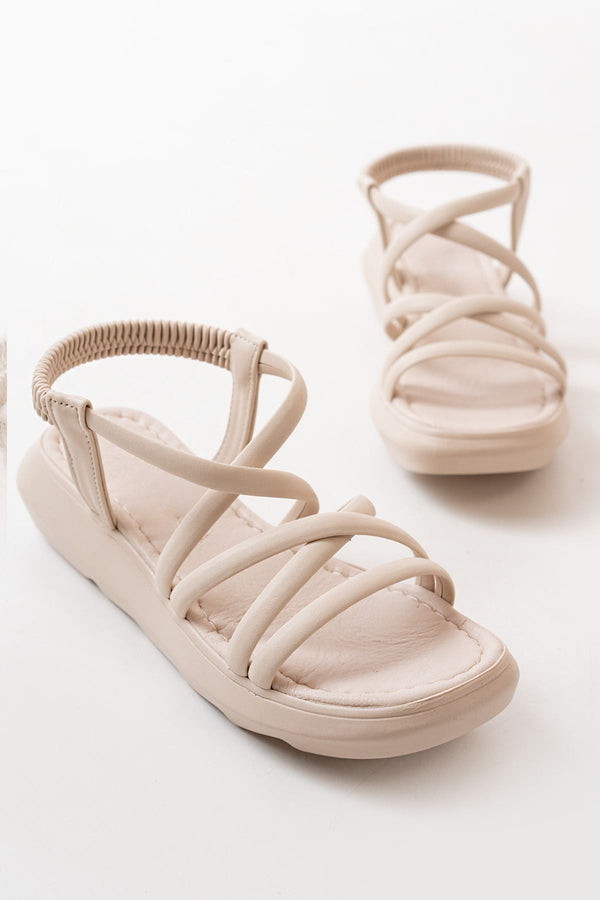 Selvia Mat Deri Bej Çapraz Bantlı Kadın Sandalet - ILOVESHOES