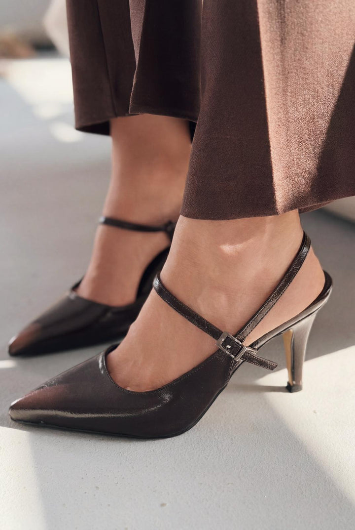 Lorent Acıkahve Kırışık Deri Kadın Stiletto - ILOVESHOES