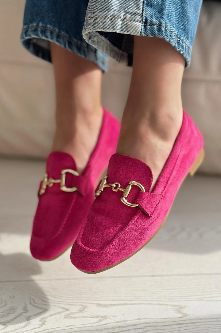 Lofin Süet Toka Detaylı  Kadın Loafer Fuşya